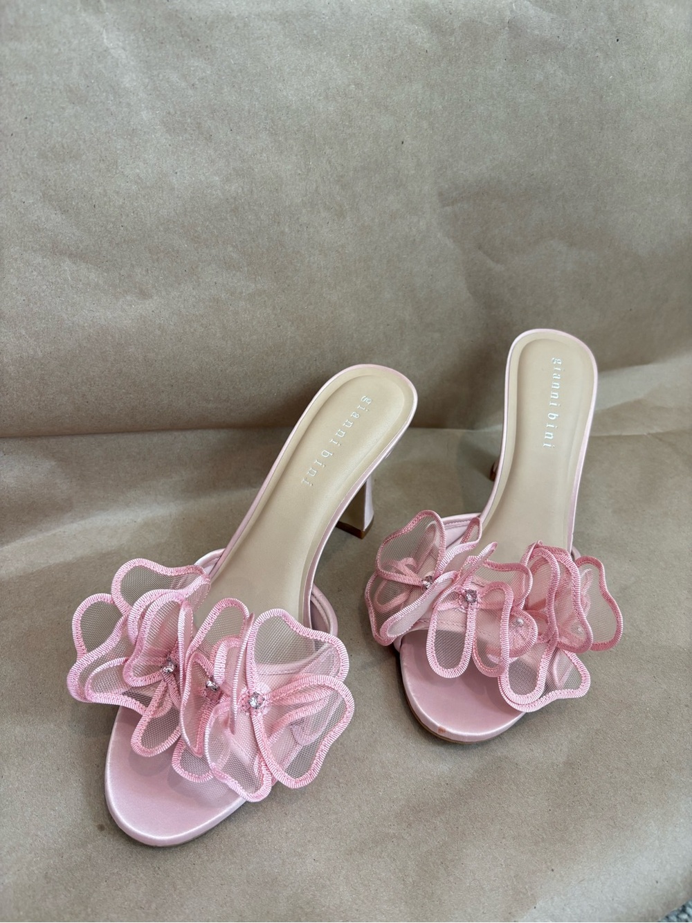 Gianni Bini Pink Floral Mesh Slide Heels with Crystal Accent
